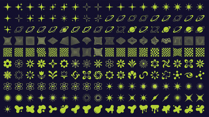 Y2K aesthetic geometric shapes and brutalist design elements featuring retro futuristic neon stars planets grid patterns flowers and vector illustration © Abul