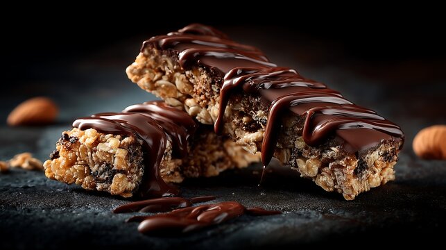 Chocolate dipped granola bars on a dark textured surface with dramatic editorial lighting, creating a premium snack advertisement aesthetic.