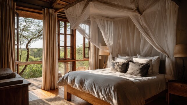 Luxury safari lodge bedroom canopy bed stunning savanna view. Experience ultimate comfort in yet elegant safari lodge bedroom, featuring mosquito net draped canopy bed expansive windows overlooking
