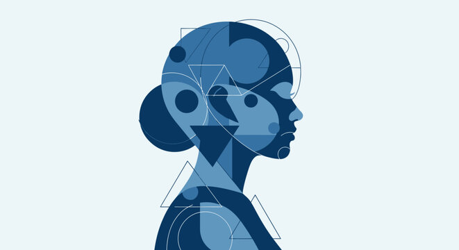 Abstract illustration of a human head silhouette with geometric shapes and digital patterns.
