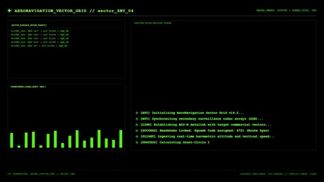 Sci fi aeronavigation vector grid UI screen showing green air traffic control logs and transponder signal radar sweep graph.