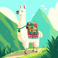 Naklejka premium Alpaca with Colorful Saddle Pack Trekking on Mountain Trail
