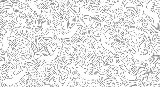 Seamless pattern of flying doves with decorative swirls. Intricate line art illustration for coloring pages, peace, freedom, and spirituality.