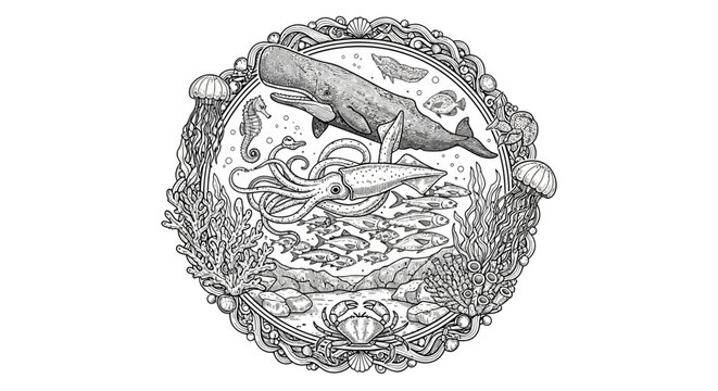 Detailed vintage style marine life illustration featuring sperm whale, giant squid, diverse fish, crabs, and jellyfish in a circular frame.