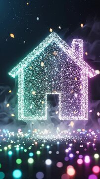 Glowing smart home icon with colorful digital network particles