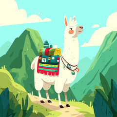 Naklejka premium Alpaca with Colorful Saddle Pack Trekking on Mountain Trail