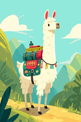 Naklejka premium Alpaca with Colorful Saddle Pack Trekking on Mountain Trail