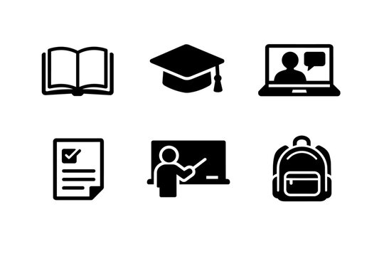 Set of education icons representing elements like books, graduation, online learning, tests, teachers, and backpacks