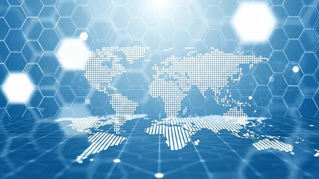 Digital hexagonal grid background with world map on floor.