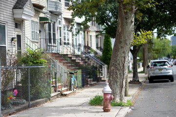 Fototapeta premium Residential street with row houses and hydrant New York New York