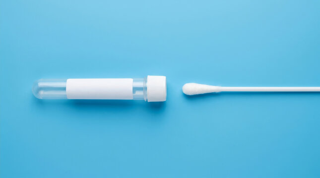 Test tube virus swab medical kit blue background closeup lab sample collection for infection screening. Disease infection pandemic epidemic. scientist laboratory research, diagnostic sample