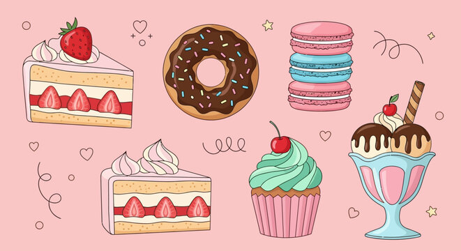 Colorful illustrated assortment of desserts including cake donut macaron and cupcake on pink background