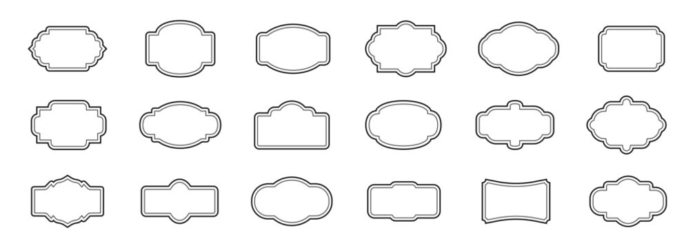 Vintage frame outline collection with decorative borders and retro label shapes. Set of simple line frames with double stroke. Editable vector edges with editable line thickness.