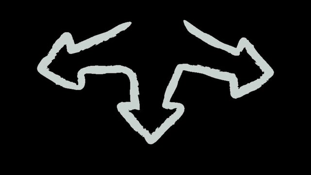 Animated arrows pointing downwards illustrating directional choice and decision making process abstract concept visualized with hand drawn style graphics on black background