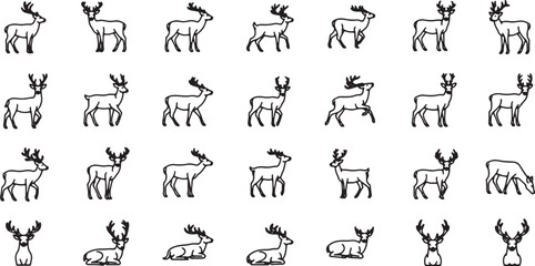 Fototapeta premium Collection of Deer Silhouettes in Line Art Style for Seasonal and Wildlife Designs