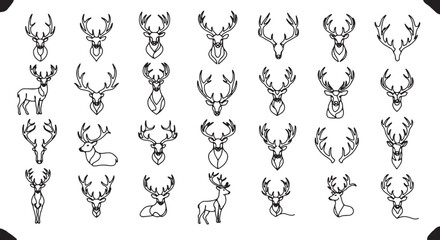 Obraz premium Minimalist Continuous Line Art Deer and Antler Silhouettes Vector Illustration Set