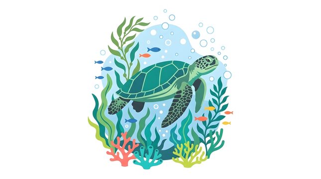 Cute green sea turtle swimming gracefully underwater among kelp seaweed, corals, and tiny fish in a vertical layout
