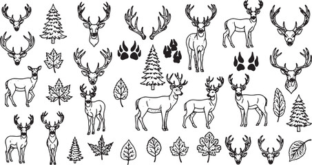 Collection of Deer and Forest Wildlife Silhouettes in Minimalist Line Art Style © IftiarJony