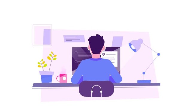 Back View of Software Developer Working on Desktop Computer in Home Office 2D Animation