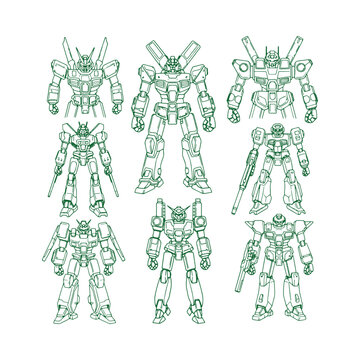 Set of green outline robot mecha figures on a white background, giant humanoid machines with and armor for sci-fi gaming concepts
