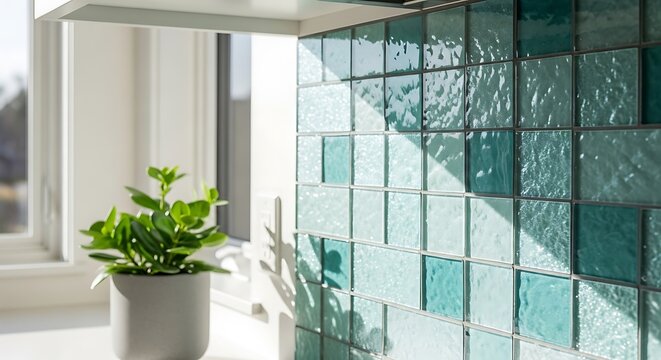 Glass tile backsplash in modern kitchen with green plant