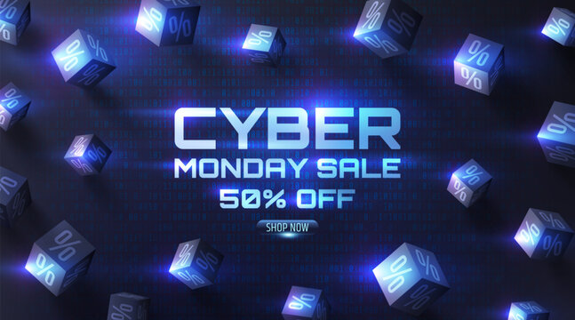 Cyber Monday SaleSpecial offer Poster with 3d black cubes of percents on dark of Binary code Background for Retail