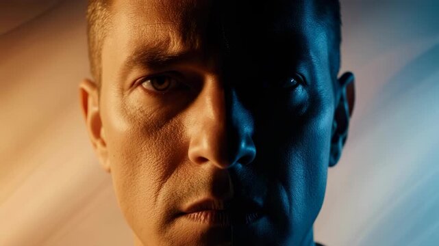 Serious man with split orange and blue lighting. Close-up portrait of a somber male face looking at camera. Mental health and depression concept