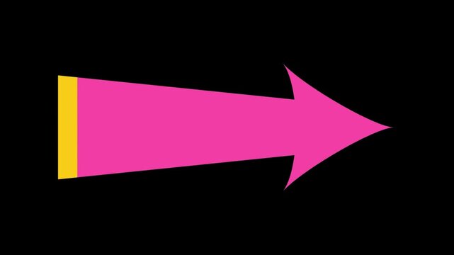 Animated graphic sequence of three pink arrows moving right across a black background with yellow and blue accents representing progress and direction perfect for presentations