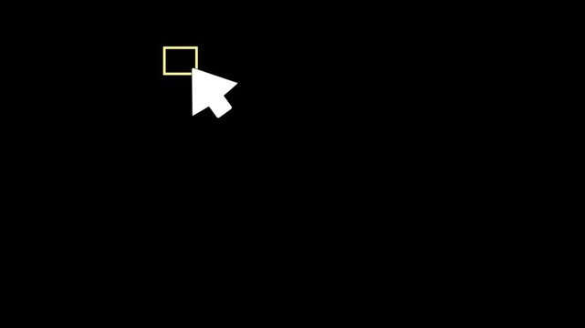 Animated cursor clicking on a yellow outlined square on a black background symbolizing selection confirmation and digital interaction with subtle movement