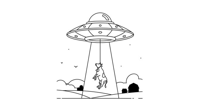 Alien abduction of cow from farm with UFO light beam, cartoon style