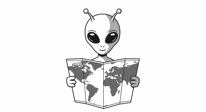 Alien holding and reading a world map, isolated on white background, world ufo day