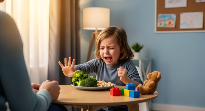 Crying child refusing to eat broccoli. Kid upset about healthy food. Child behavior and difficult parenting concept for childcare, education.
