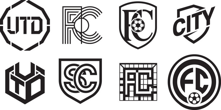 Contemporary sports logos and emblems with f c and s c initials in shield circle and hexagonal designs with color accents.