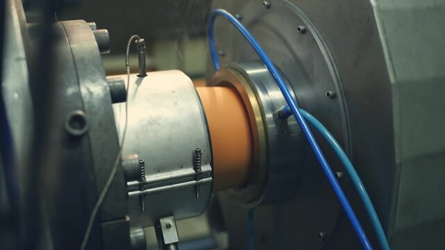 PVC pipe exits a hot extrusion machine as steam escapes in Pakistan factory.