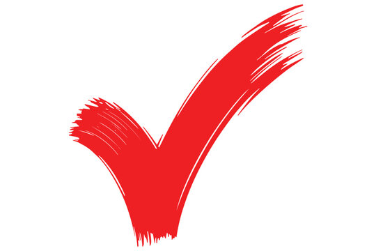 Single large red check mark symbol with hand drawn dry brush texture isolated on grey background