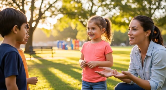 Woman talking with girl and boy in park. Support interaction between child and adult. Developmental psychology, behavioral therapy.