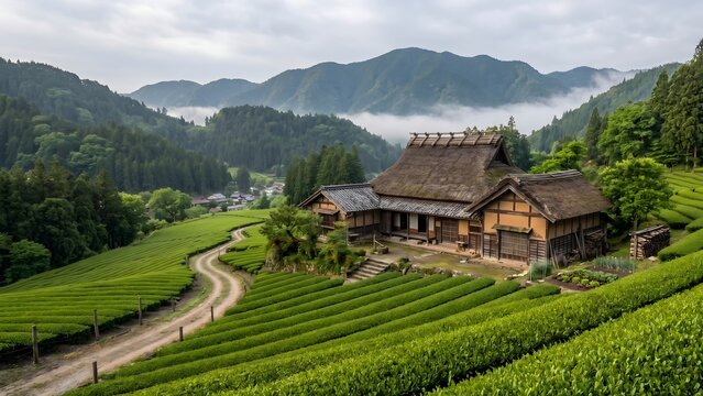 Panoramic view of a serene traditional Japanese farmstead (Kominka) nestled among lush terraced tea plantations in the early morning, with rhythmic tea bush patterns and ethereal valley mist.