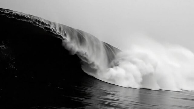 Epic Black and White Ocean Wave Crashing with Force and Power Creating a Powerful Display of Nature's Strength