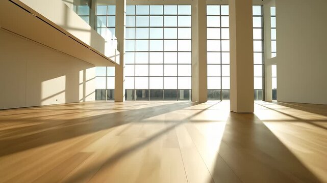 Empty modern loft with bright sunlight on wood floor.