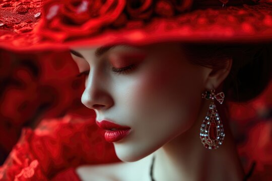 Woman model sasa beekman wearing a red hat and drop earring. Elegant fashion portrait with vibrant red makeup for beauty or style concept.