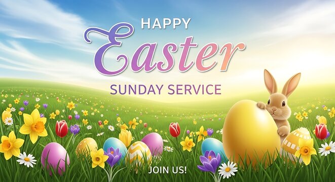 Easter celebration with bunny and eggs in floral field
