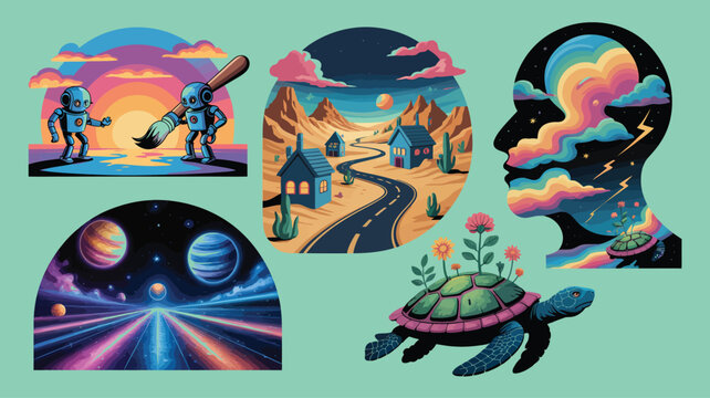 Vibrant surreal illustrations of robots landscapes and animals in dreamlike scenes