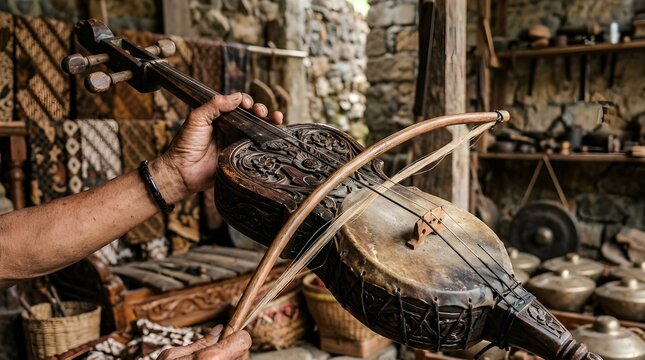 Crafting Traditional Musical Instrument Rebab with Strings and Bow in Rustic Workshop Environment Close-Up View