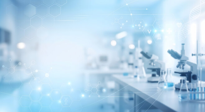 Bright laboratory background with microscopes, flasks, and abstract science graphics.〈顕微鏡、フラスコ、抽象的な科学グラフィックがある明るい研究室の背景〉