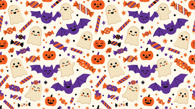 Halloween cute ghost bat pumpkin candy seamless pattern vector illustration