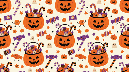Obraz premium Halloween cute pumpkin bucket candy trick or treat seamless pattern