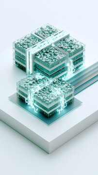 Isometric 3D illustration focusing on a green hydrogen fuel cell stack with detailed water droplets and electric pulses set against a minimalist white background with tealblue