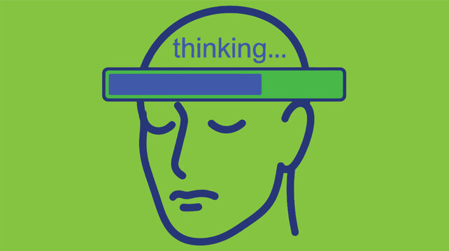 A person with a green and blue loading bar on their head thinking deeply