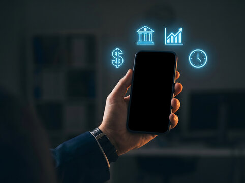 Mobile banking and financial app services accessible through a smartphone with glowing icons