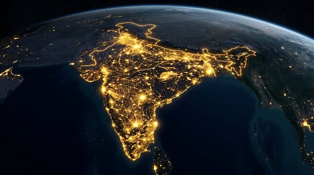 Bright Night Lights of India and Surrounding Regions From Space
